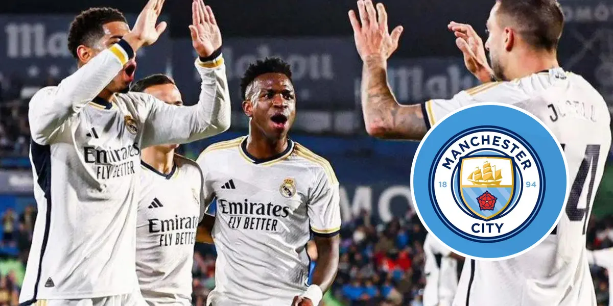 Equipe do Real Madrid em jogo e o escudo do Manchester City ao lado