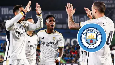 Equipe do Real Madrid em jogo e o escudo do Manchester City ao lado