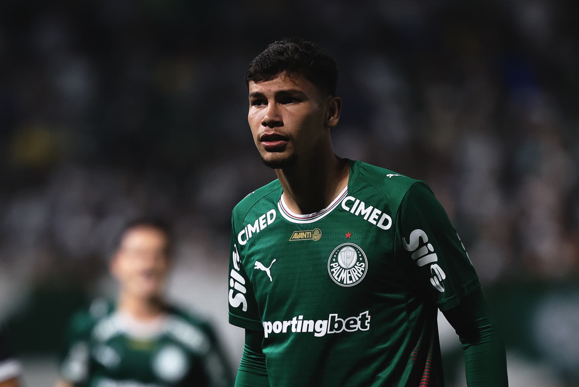 Érick Belé jogador do Palmeiras durante partida contra o Santos no estádio Arena Barueri pelo campeonato Paulista 2026. Foto: Ettore Chiereguini/AGIF
