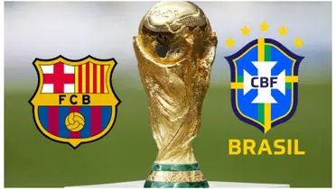 Escudo do Barcelona e da Seleção Brasileira, e a taça da Copa do Mundo