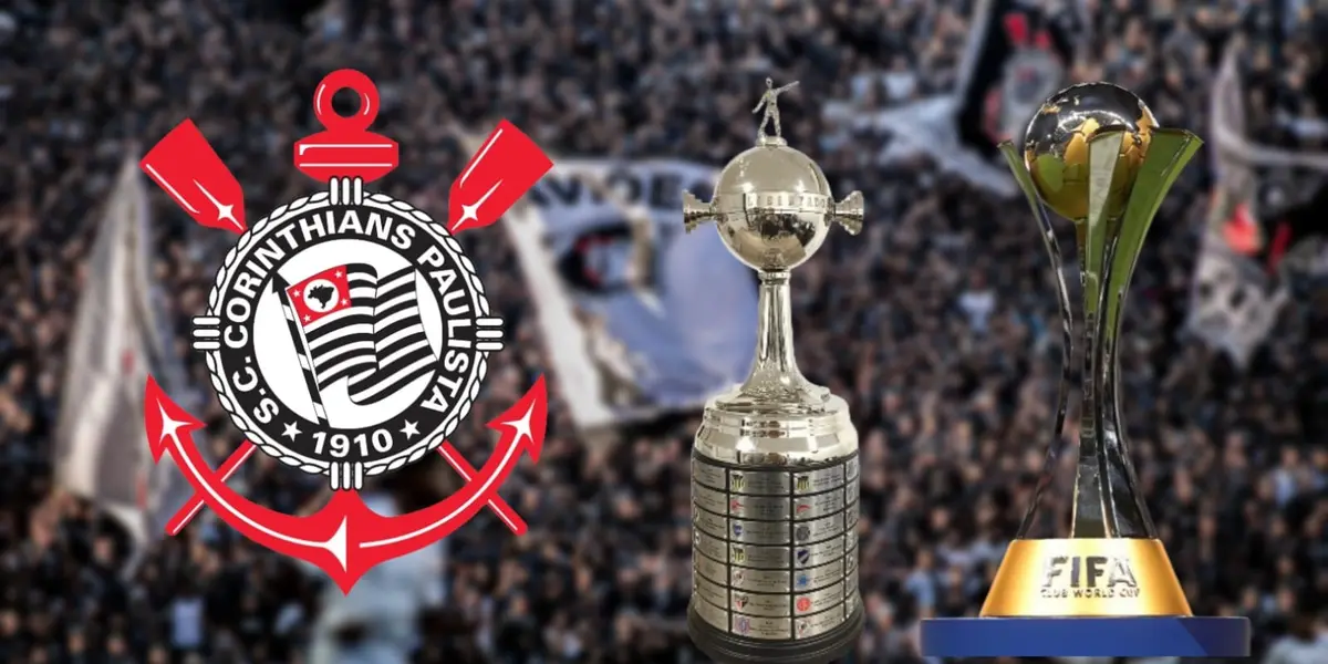Escudo do Corinthians e as taças da Libertadores e do Mundial de Clubes