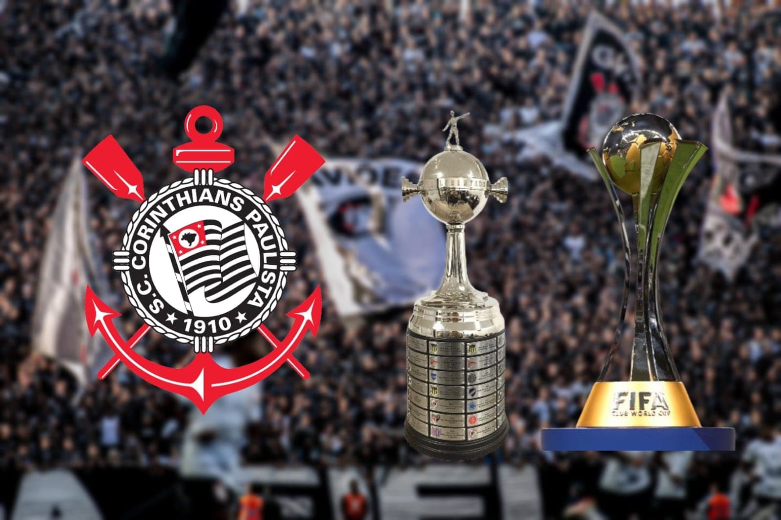 Escudo do Corinthians e as taças da Libertadores e do Mundial de Clubes