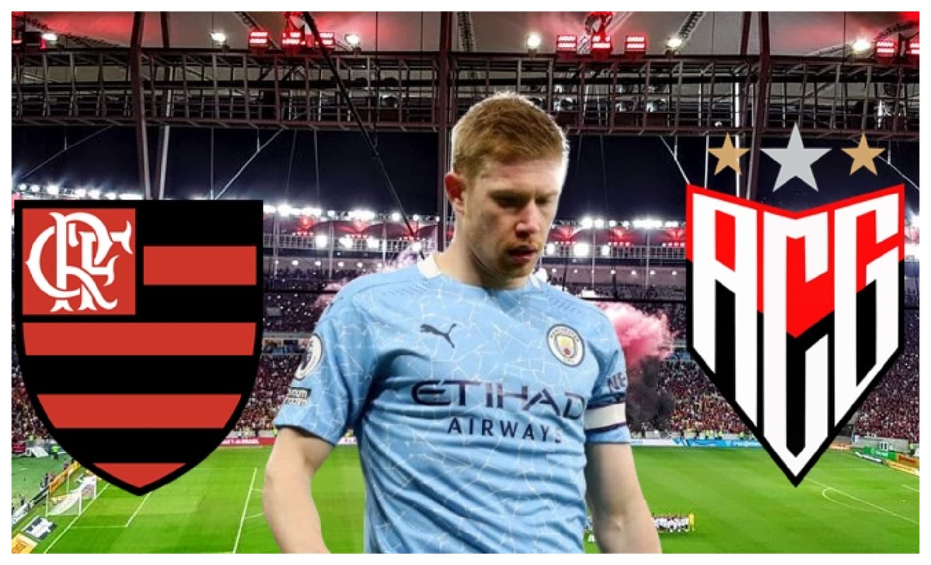 Escudo do Flamengo e do Atlético GO e Kevin De Bruyne