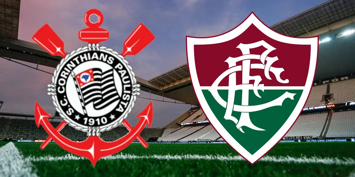 Escudos de Corinthians e Fluminense com Neo Química Arena no fundo