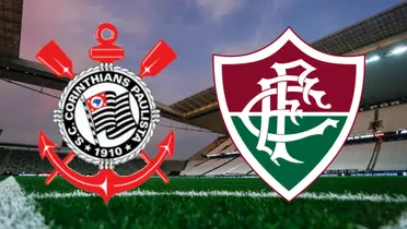 Escudos de Corinthians e Fluminense com Neo Química Arena no fundo