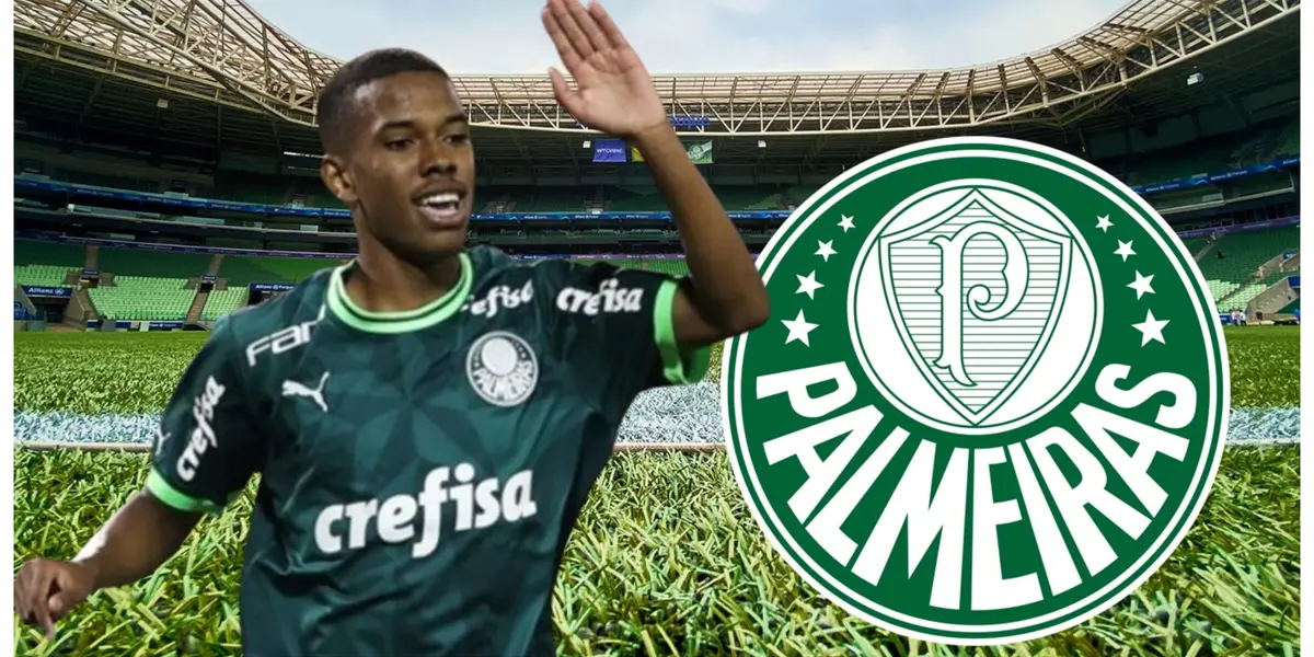 Estêvão com a camisa do Palmeiras e o escudo do Palmeiras