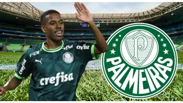Estêvão com a camisa do Palmeiras e o escudo do Palmeiras