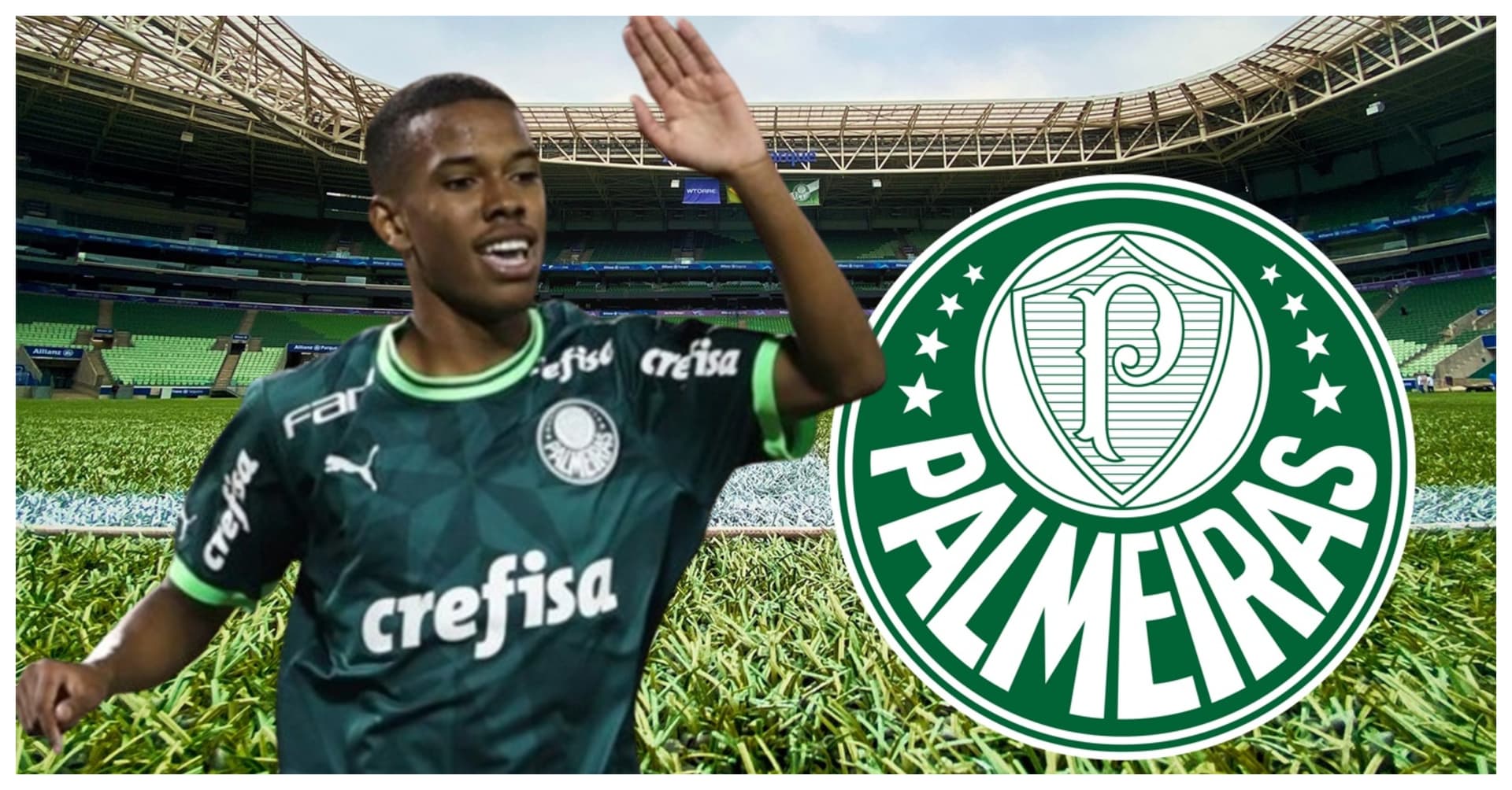 Estêvão com a camisa do Palmeiras e o escudo do Palmeiras