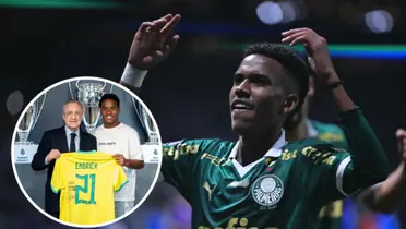 Estêvão em ação pelo Palmeiras e Endrick ao lado de Florentino Pérez, presidente do Real Madrid