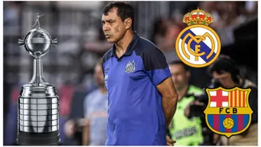 Fábio Carille com a camisa do Santos e os escudos do Real Madrid e Barcelona