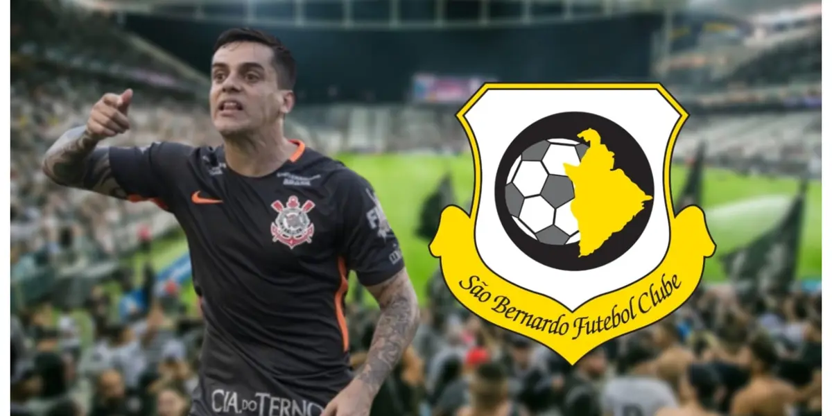 Fagner com a camisa do Corinthians e do lado o escudo do São Bernardo