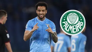 Felipe Anderson e o escudo do Palmeiras ao lado