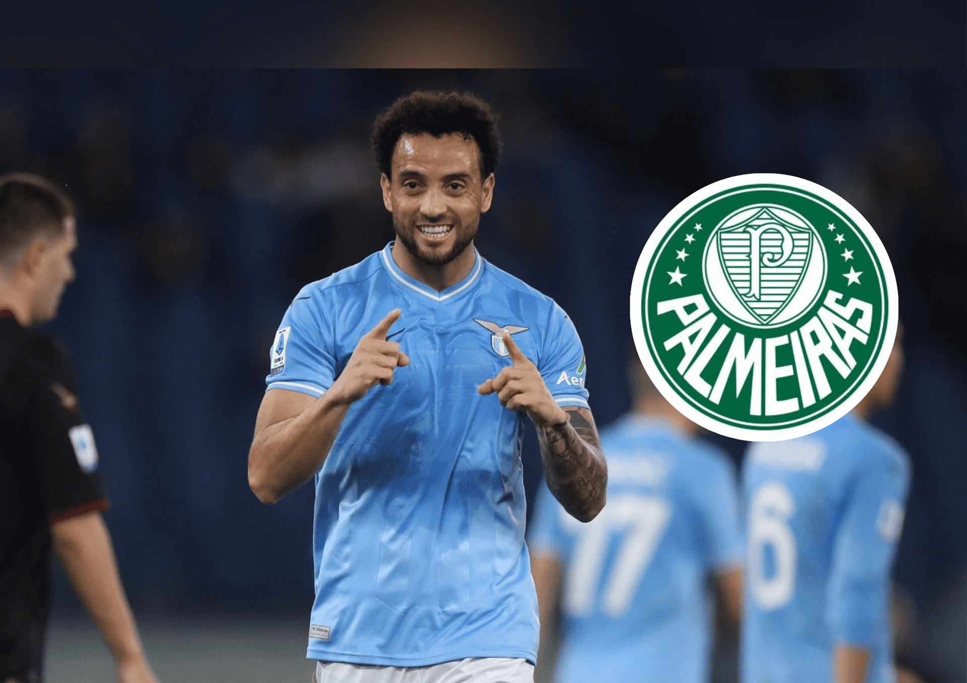 Felipe Anderson e o escudo do Palmeiras ao lado
