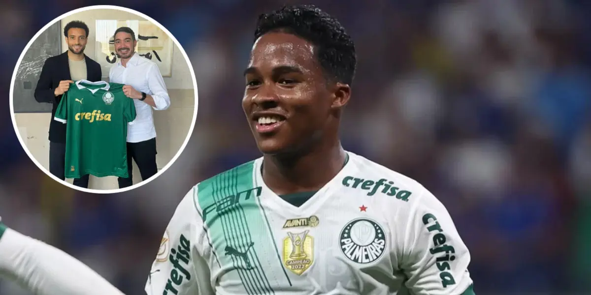 Felipe Anderson segurando a camisa do Palmeiras e Endrick em ação pelo Verdão
