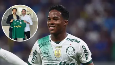 Felipe Anderson segurando a camisa do Palmeiras e Endrick em ação pelo Verdão