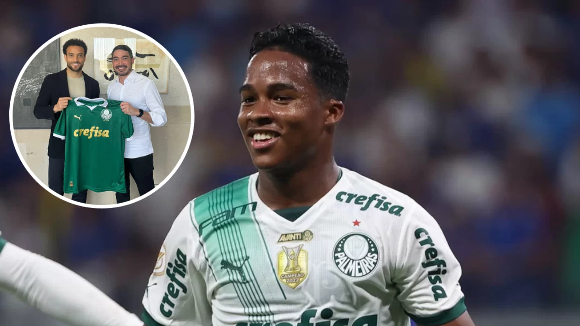 Felipe Anderson segurando a camisa do Palmeiras e Endrick em ação pelo Verdão