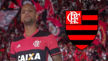 Felipe Melo com a camisa do Flamengo e o escudo do Flamengo
