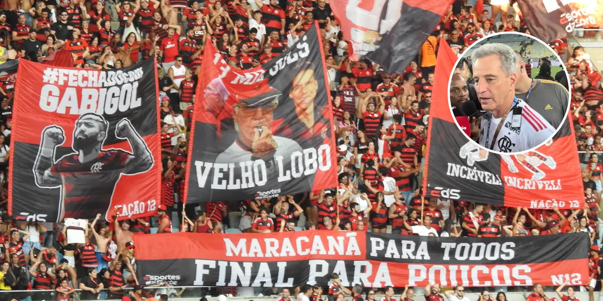 Festa da torcida do Flamengo com faixas em homenagem a Gabigol, Zagallo e uma provocação ao Vasco