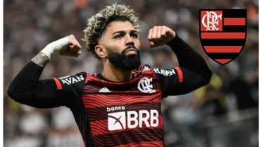 Gabigol com a camisa do Flamengo e o escudo do Flamengo
