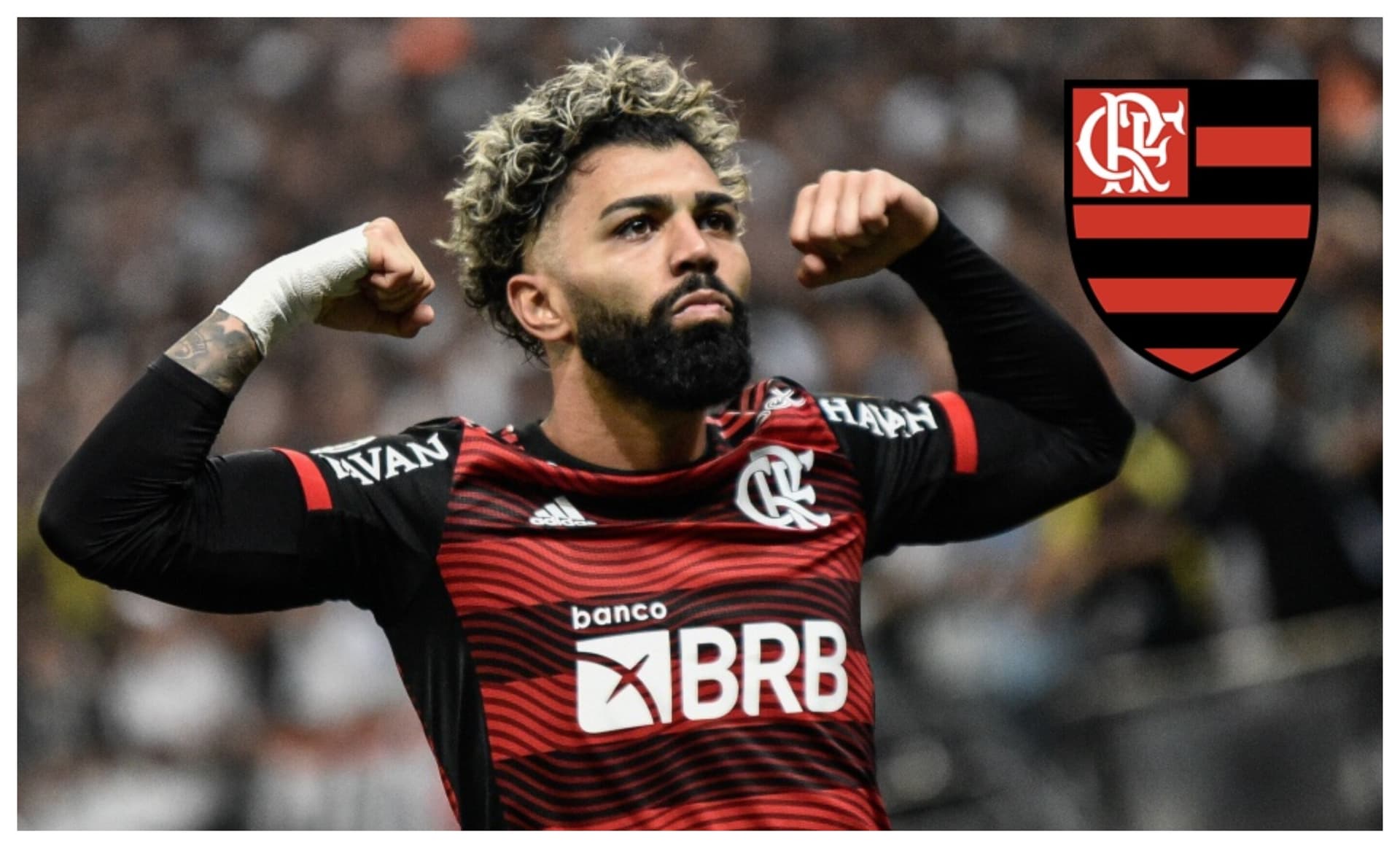 Gabigol com a camisa do Flamengo e o escudo do Flamengo