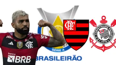Gabigol com a camisa do Flamengo, escudo do Flamengo e do Corinthians