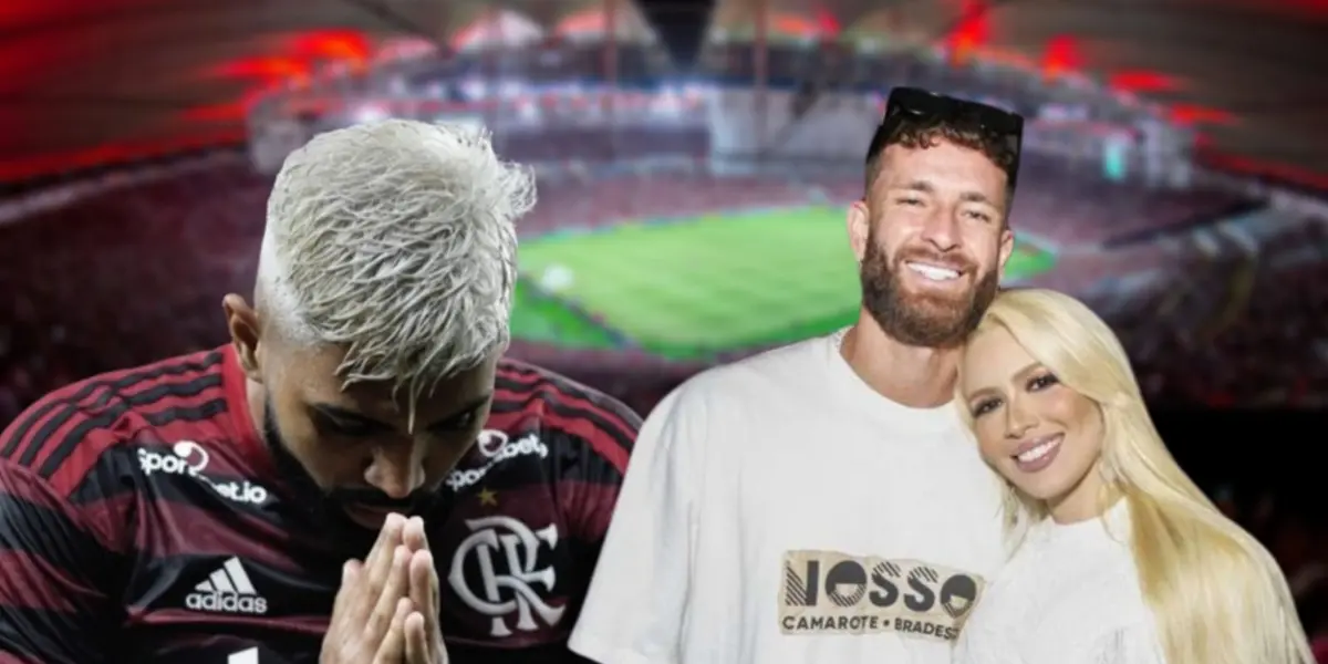 Gabigol com a camisa do Flamengo, Léo Pereira e Karoline com uma camisa branca