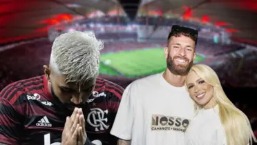Gabigol com a camisa do Flamengo, Léo Pereira e Karoline com uma camisa branca