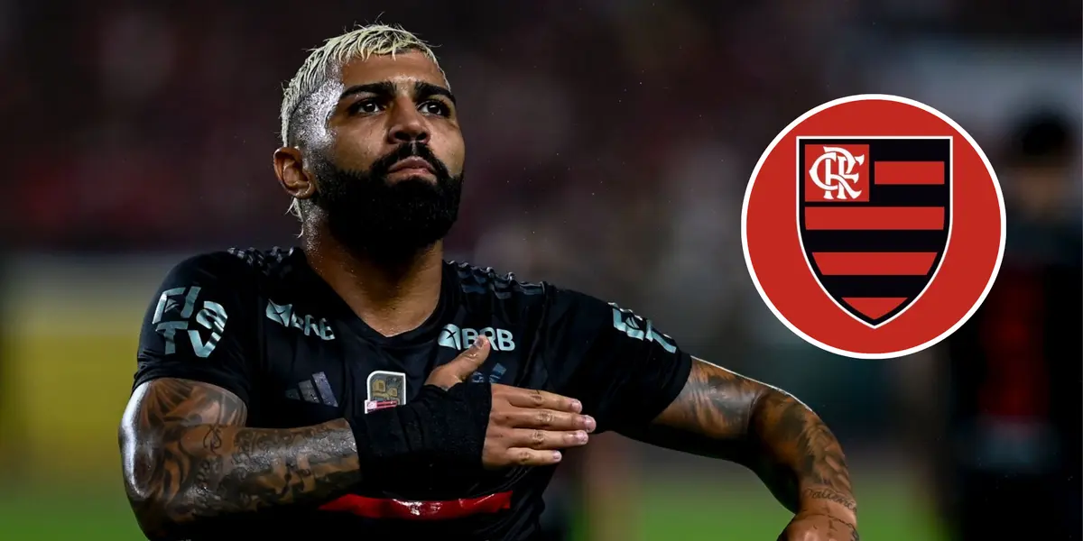 Gabigol e ao lado o escudo do Flamengo