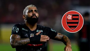 Gabigol e ao lado o escudo do Flamengo