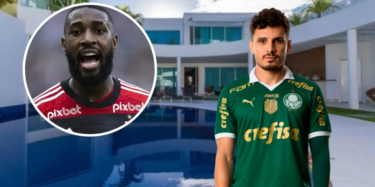 Gerson pelo Flamengo com sua mansão ao fundo e Raphael Veiga com a camisa do Palmeiras