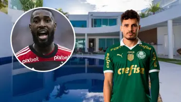 Gerson pelo Flamengo com sua mansão ao fundo e Raphael Veiga com a camisa do Palmeiras