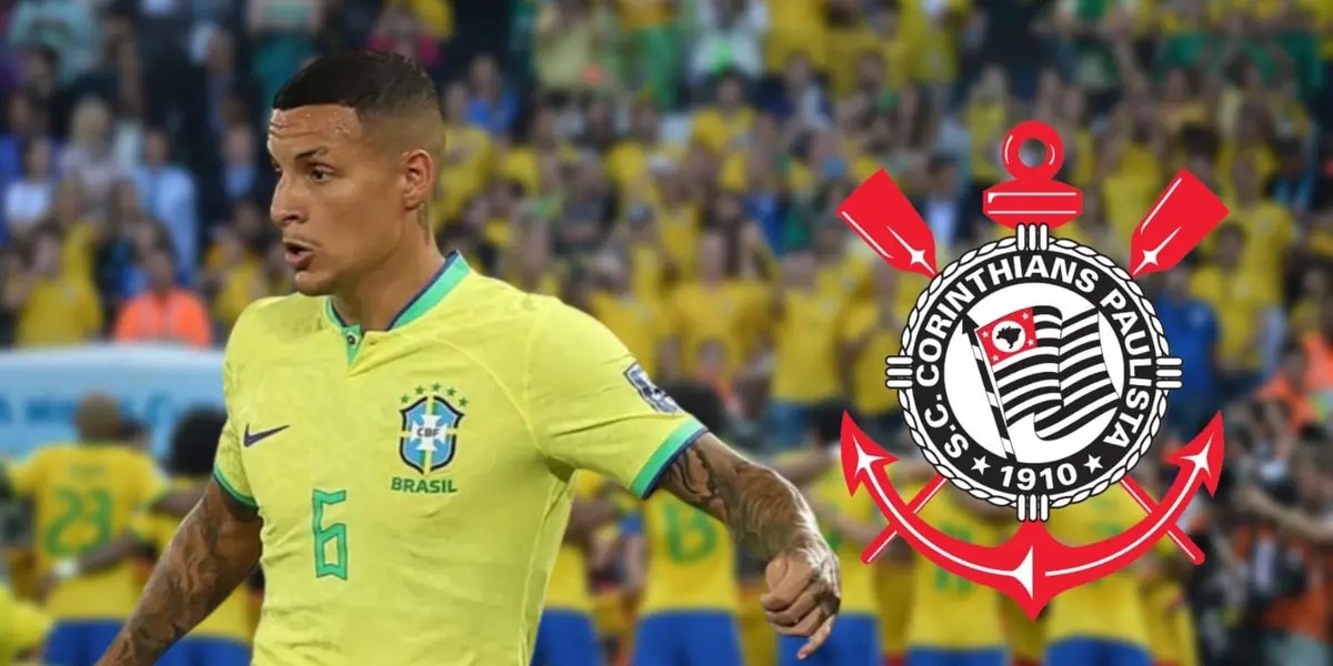 Guilherme Arana com a camisa da Seleção Brasileira e o escudo do Corinthians