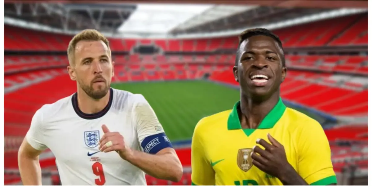 Harry Kane com a camisa da Inglaterra e Vinicius Júnior com a camisa da Seleção Brasileira