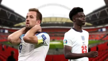 harry Kane e Bukayo Saka com a camisa da Seleção da Inglaterra