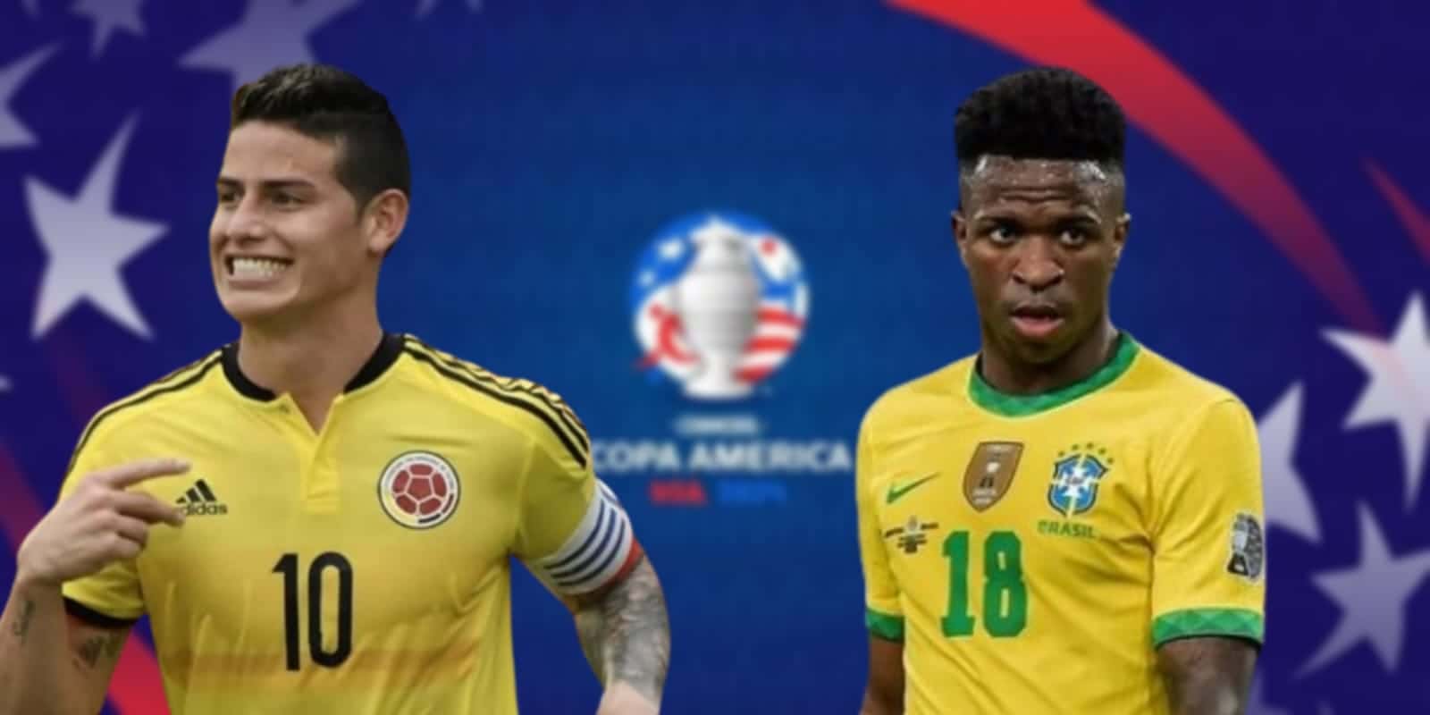 James Rodríguez com a camisa da Colômbia e Vinicius Júnior com a camisa do Brasil