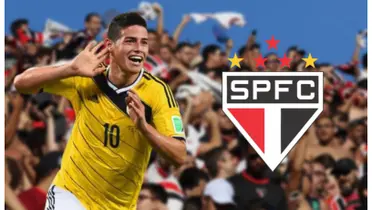 James Rodríguez com a camisa da Seleção Colombiana e o escudo do São Paulo