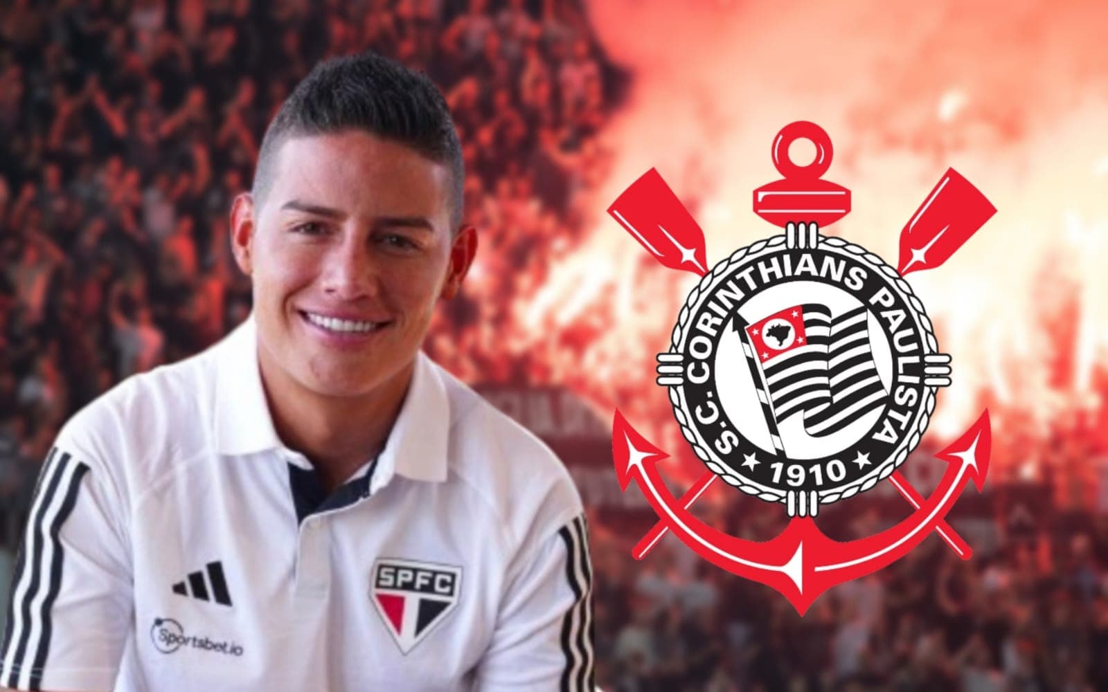 James Rodríguez com a camisa do São Paulo e o escudo do Corinthians