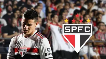 James Rodríguez com a camisa do São Paulo e o escudo do São Paulo