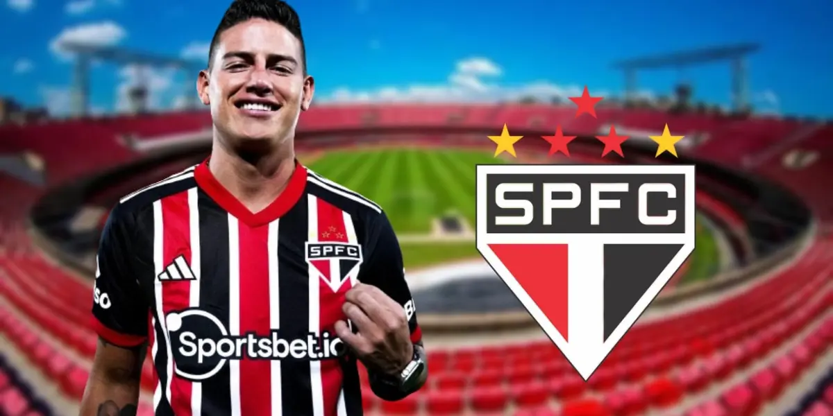 James Rodríguez com a camisa do São Paulo e o escudo do São Paulo