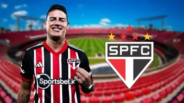 James Rodríguez com a camisa do São Paulo e o escudo do São Paulo