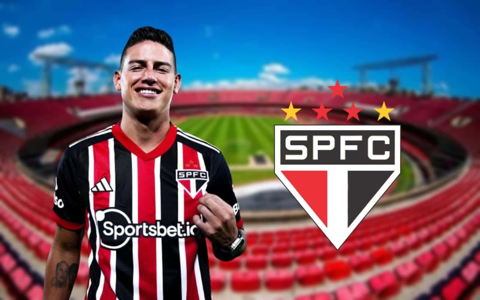 James Rodríguez com a camisa do São Paulo e o escudo do São Paulo