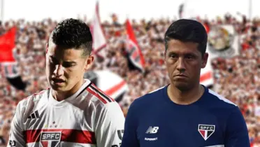James Rodríguez com a camisa do São Paulo e Thiago Carpini com a camisa do São Paulo