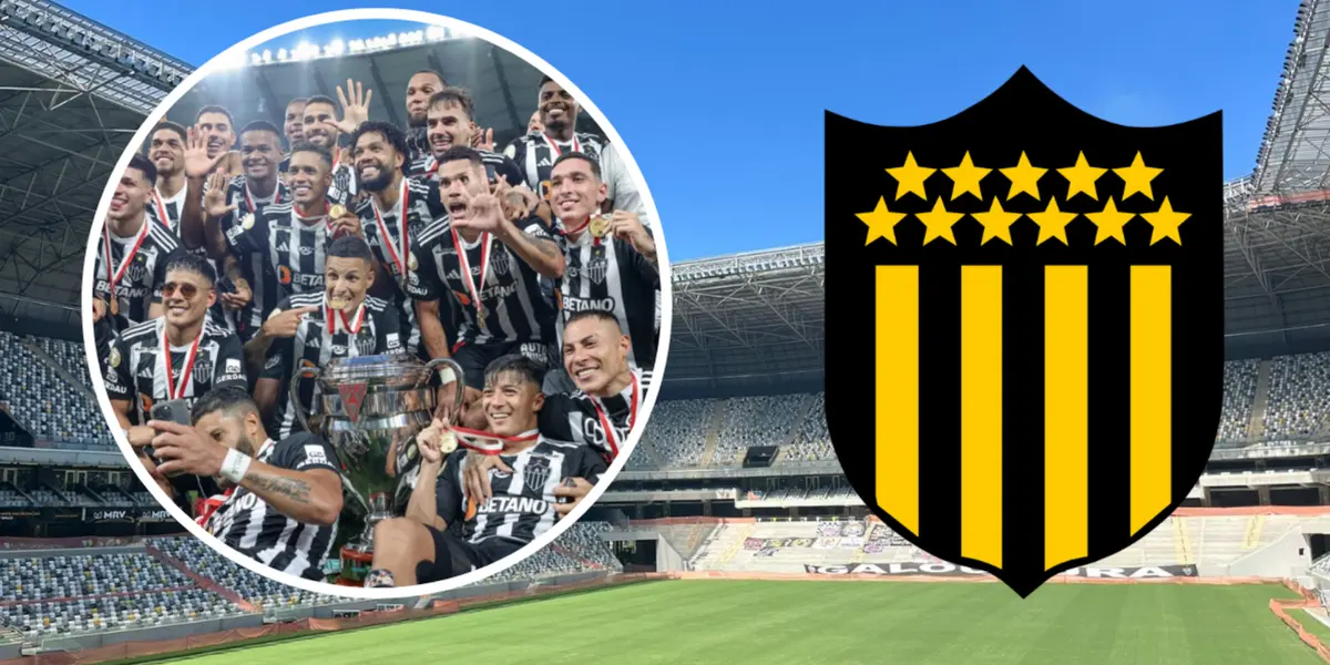 Jogadores do Atlético-MG durante o título estadual ao lado do escudo do Peñarol
