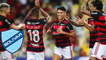 Jogadores do Flamengo comemoram gol marcado por Luiz Araújo