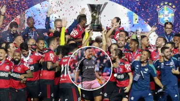 Jogadores do Flamengo comemoram o titulo brasileiro de 2020