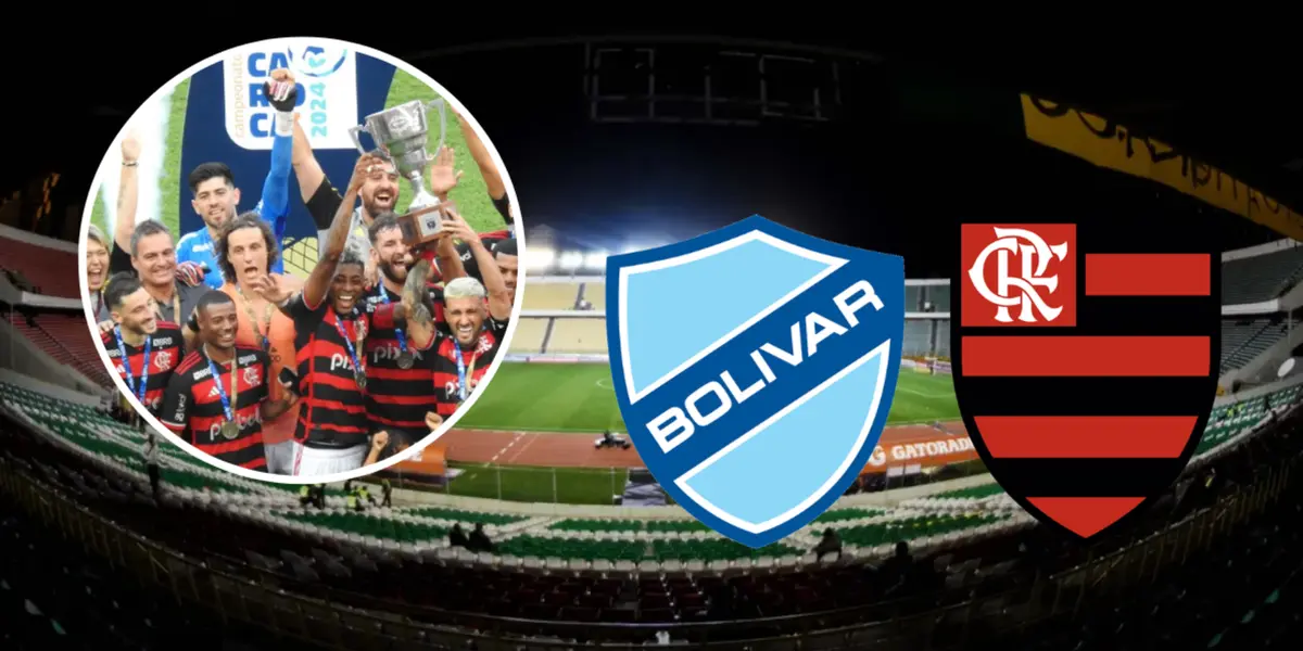 Jogadores do Flamengo comemorando o título carioca ao lado dos escudos das equipes