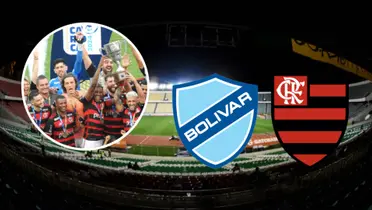 Jogadores do Flamengo comemorando o título carioca ao lado dos escudos das equipes