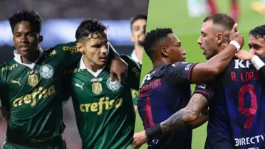 Jogadores do Palmeiras ao lado dos atletas do Independiente Del Valle