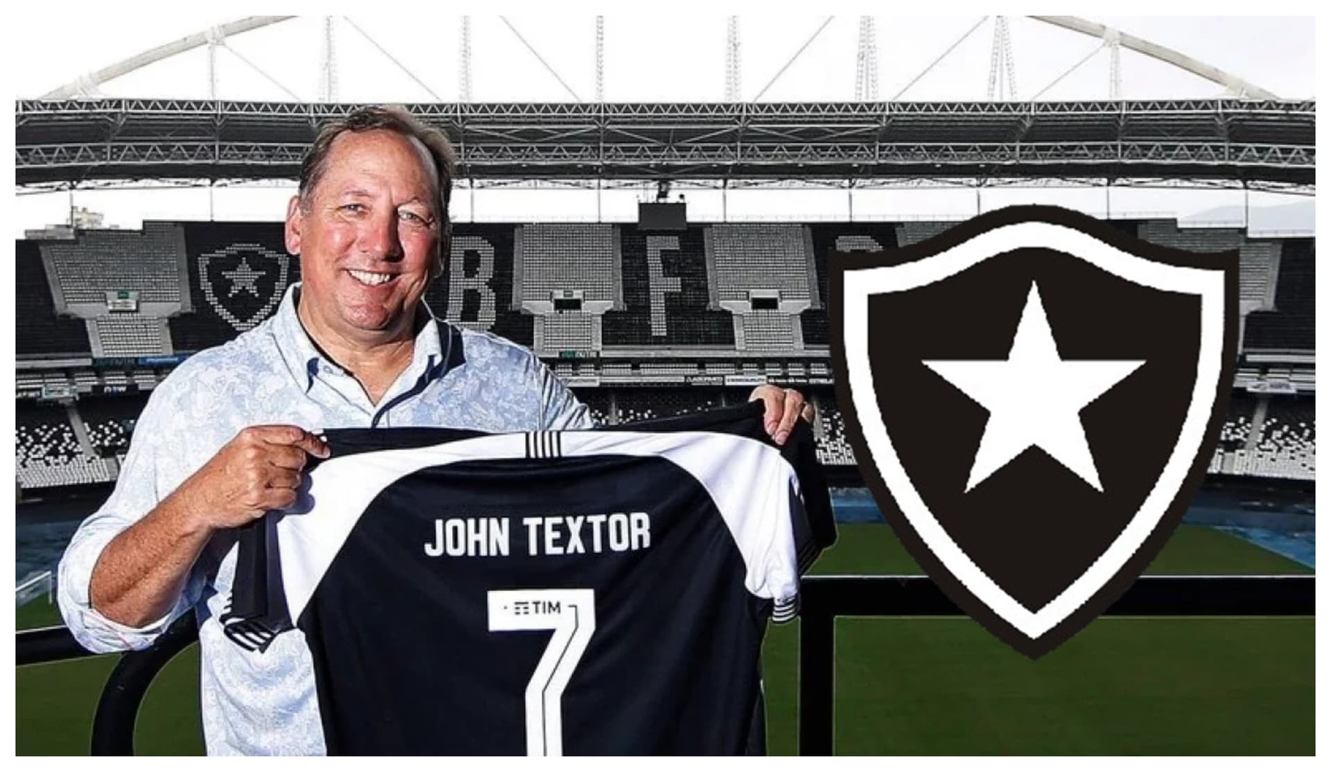 John Textor com a camisa do Botafogo e escudo do Botafogo