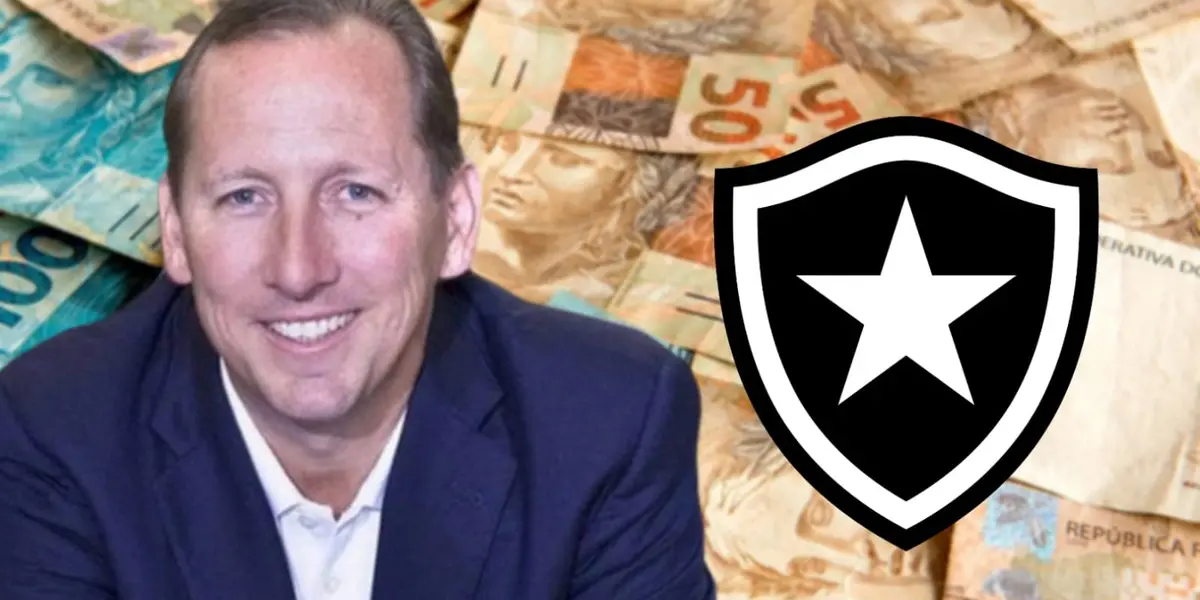 John Textor sorrindo e do lado o escudo do Botafogo